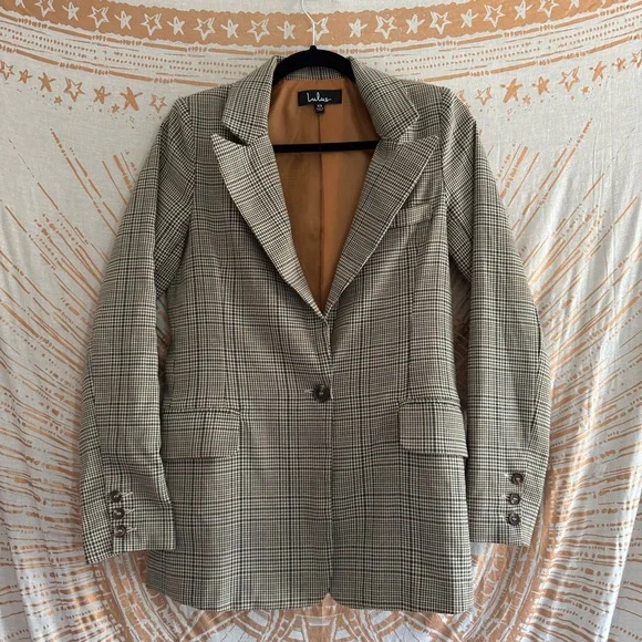 Lulus Making Headlines Beige Multi Plaid Blazer size XS - Picture 7 of 11